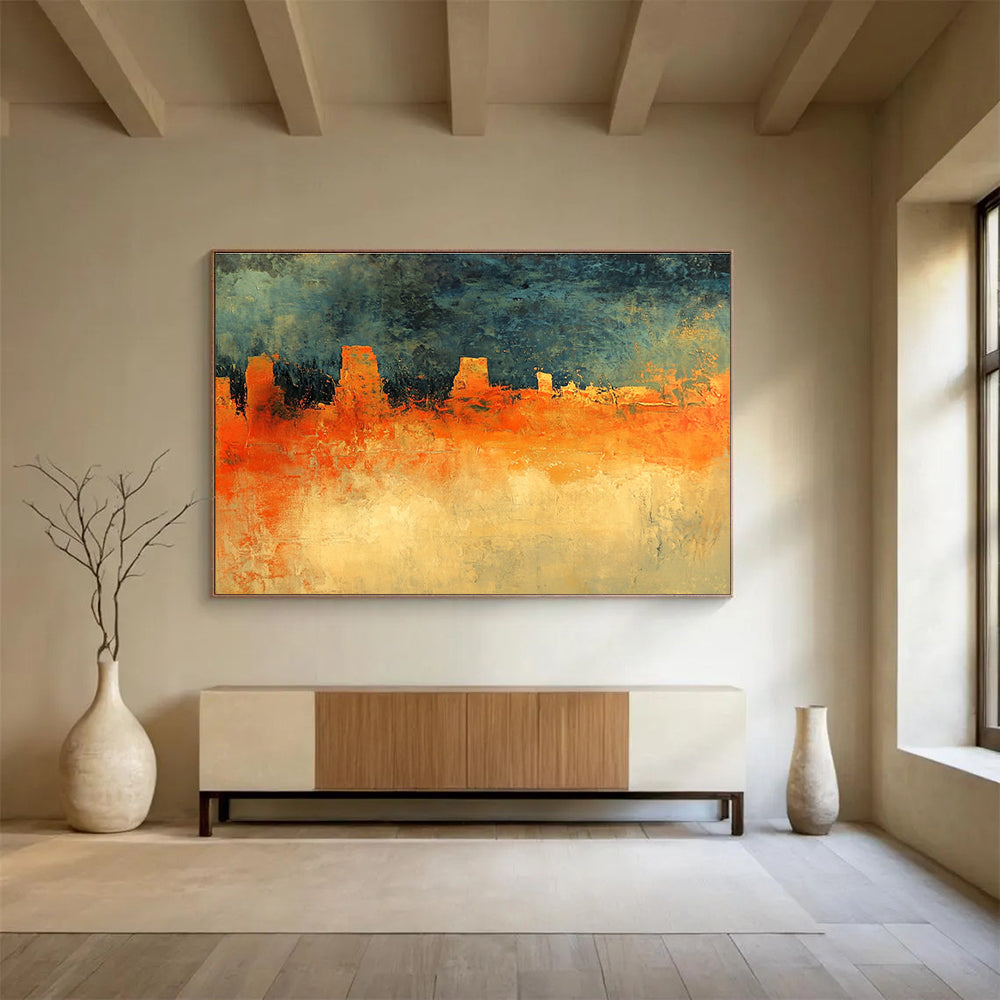 Abstract painting featuring an orange and green landscape under a dark blue sky with grey clouds inspired by Richard Schmid's style.SC165