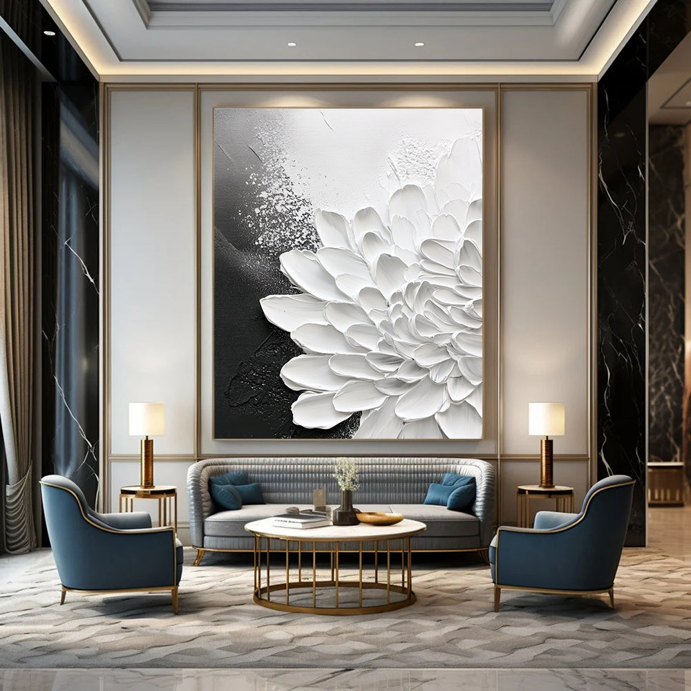 Large abstract painting of chrysanthemum on textured canvas with black and gray background featuring stunning close-up details.STSC518