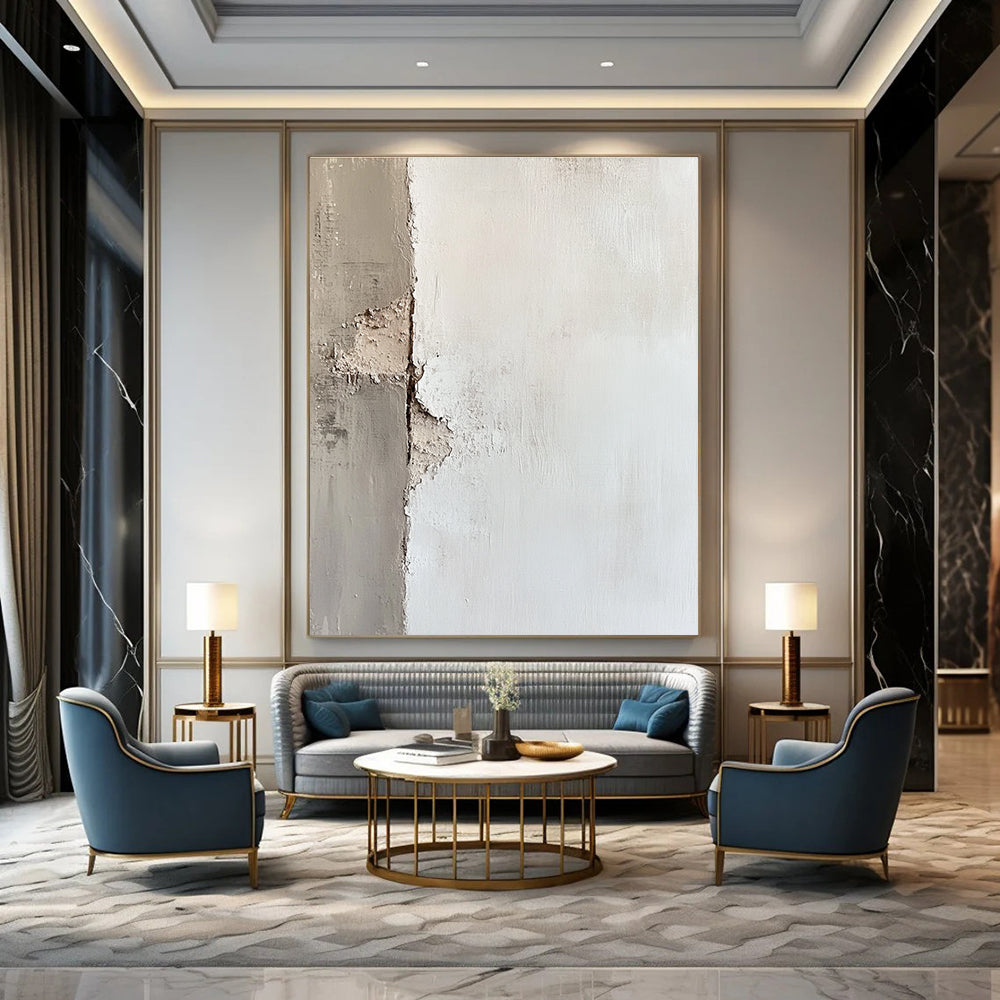 Large abstract painting of an off-white wall with textured brushwork showcasing peeling paint and soft edges in subtle tonal values.STSC653