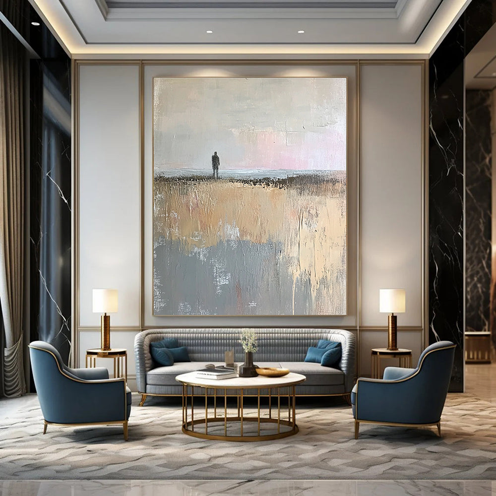 Large abstract painting in muted beige and gray tones showcasing a tranquil open field and distant sea horizon with soft brushstrokes.STSC101