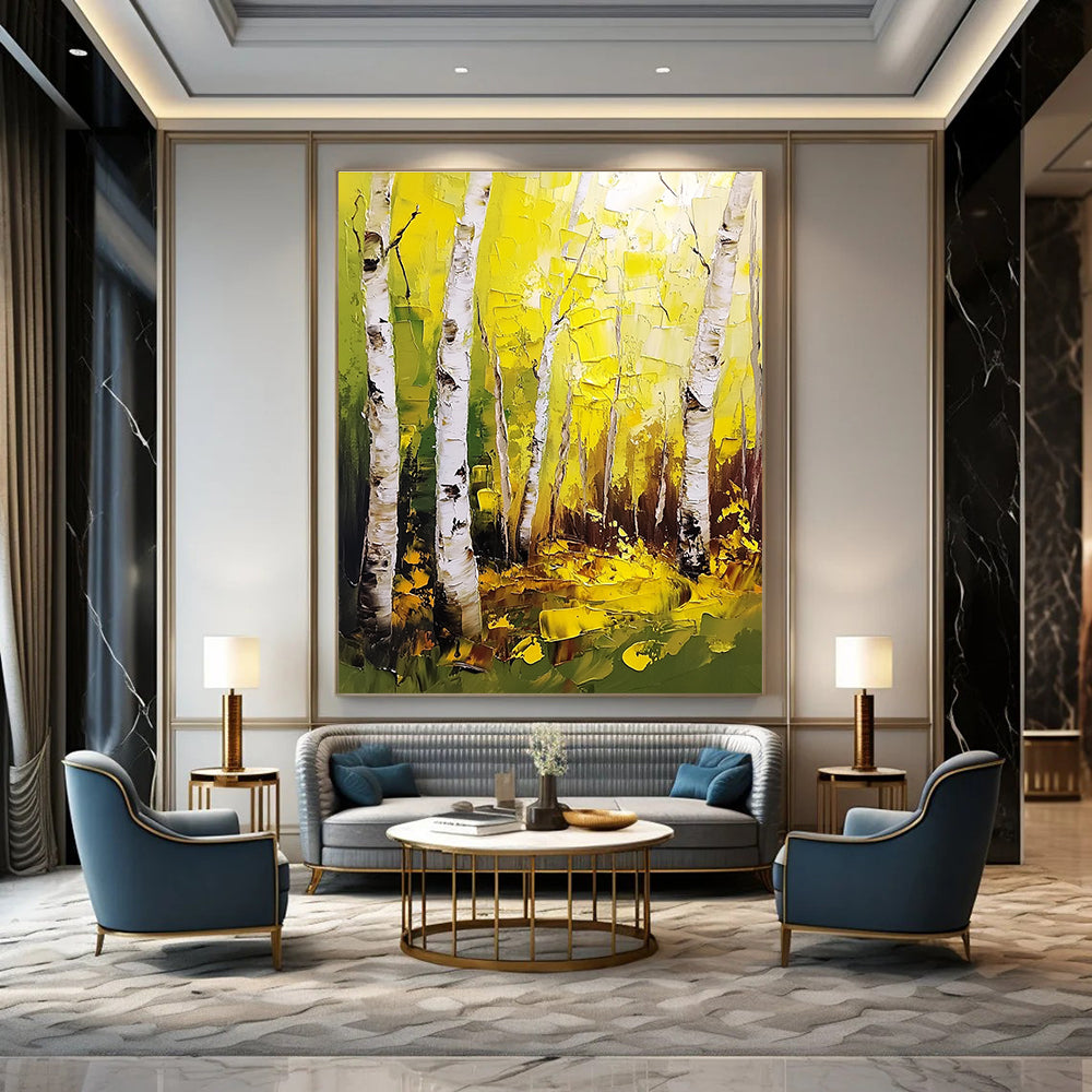 Large abstract painting of birch trees with thick brush strokes and a palette knife featuring vibrant yellow and green leaves in a forest.STSC1387