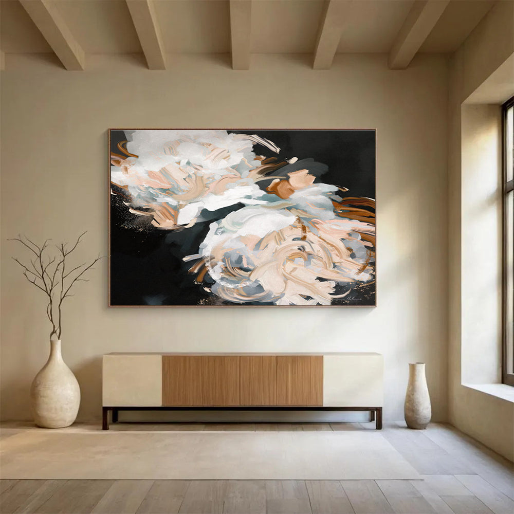 White Flower Abstract Painting with Elegant, Monochromatic Grace THY407