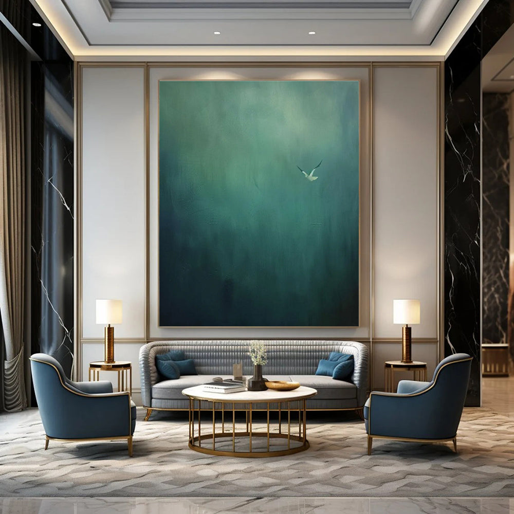 Solitary Bird Abstract Painting with Muted Greens ADGE477