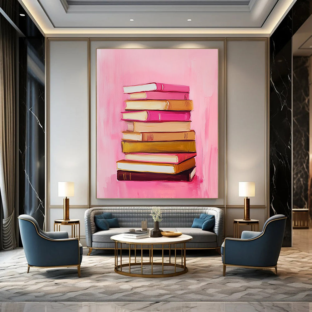 Abstract painting featuring a stack of books on a pink and gold background inspired by Marjolein Bastiaanse minimalist style oil on canvas.STSC1209