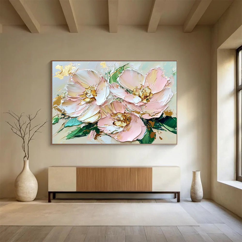 Textured Pink Flowers Abstract Painting with Gold Accents DYP282