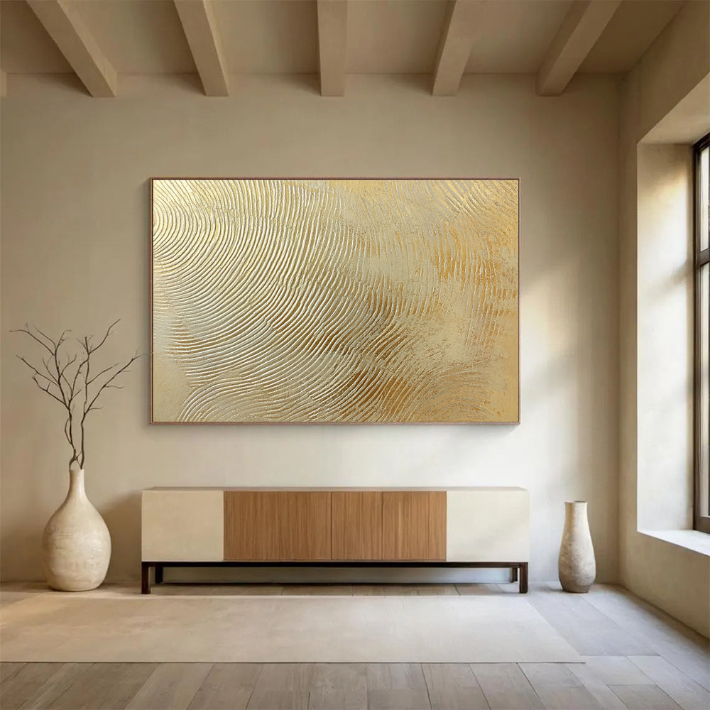This large abstract painting features intricate wavy lines in gold and silver, creating a textured depth that enhances visual interest for design projects.SC559