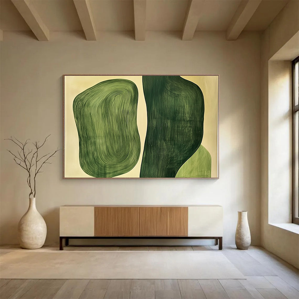 Large abstract painting featuring two organic green shapes, one flat and the other with raised wood grain texture.SC204