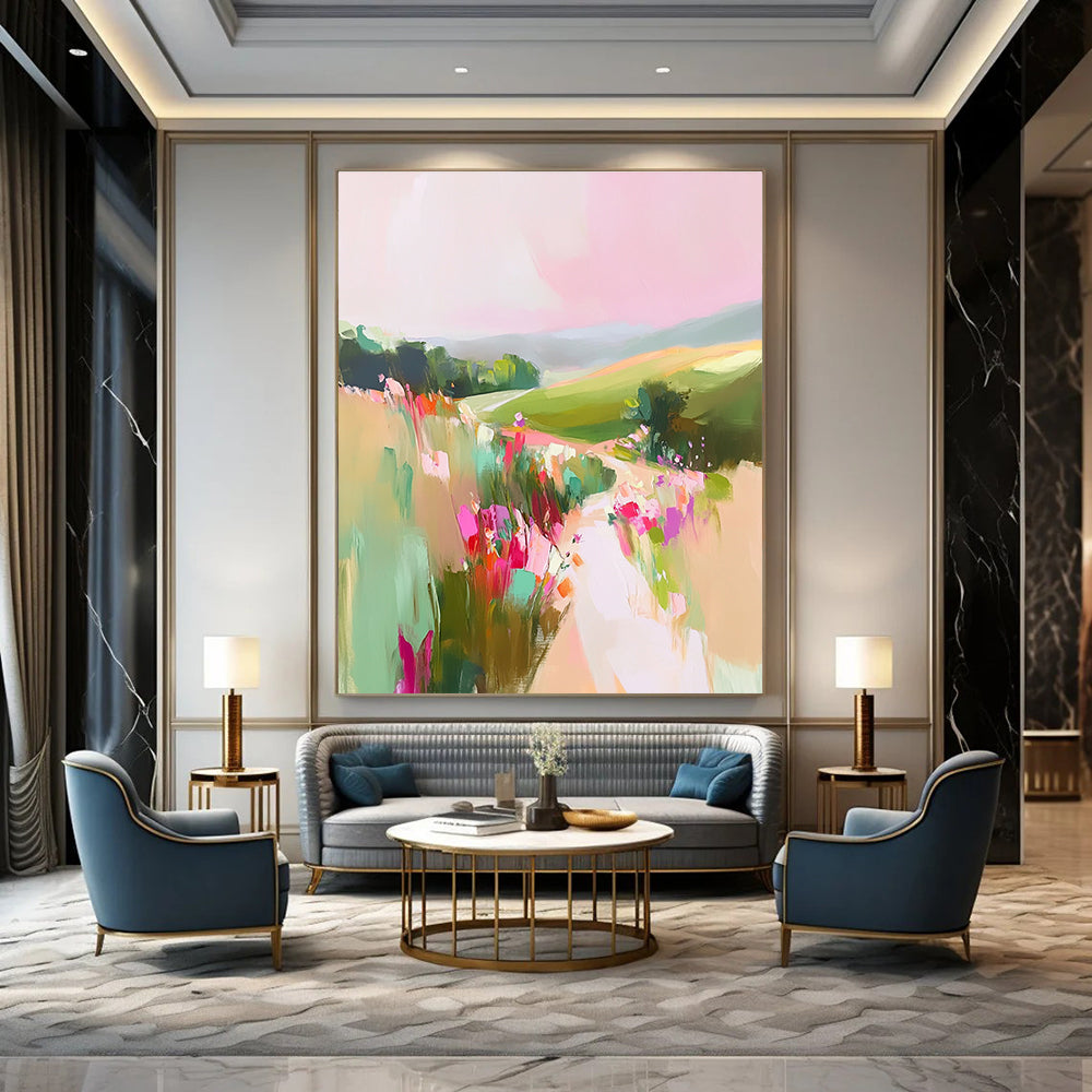 A large abstract painting of English countryside with pastel pinks and greens featuring rolling hills and wildflowers for a romantic tranquil atmosphere.STSC1202