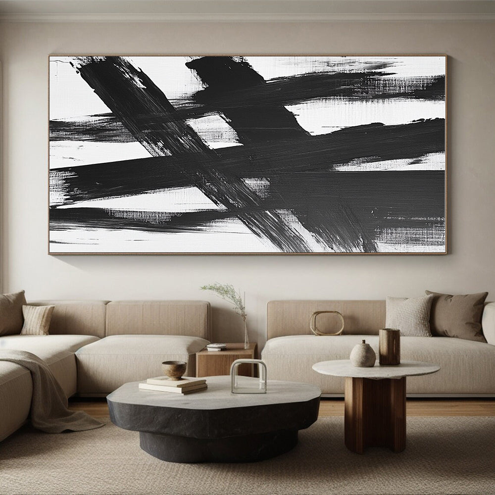 Black White Crossed Strokes Abstract Painting GER826