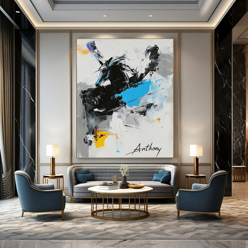 Large abstract painting featuring "Anthony" in black white and blue with a dynamic horse and signature Michael in the corner.STSC349