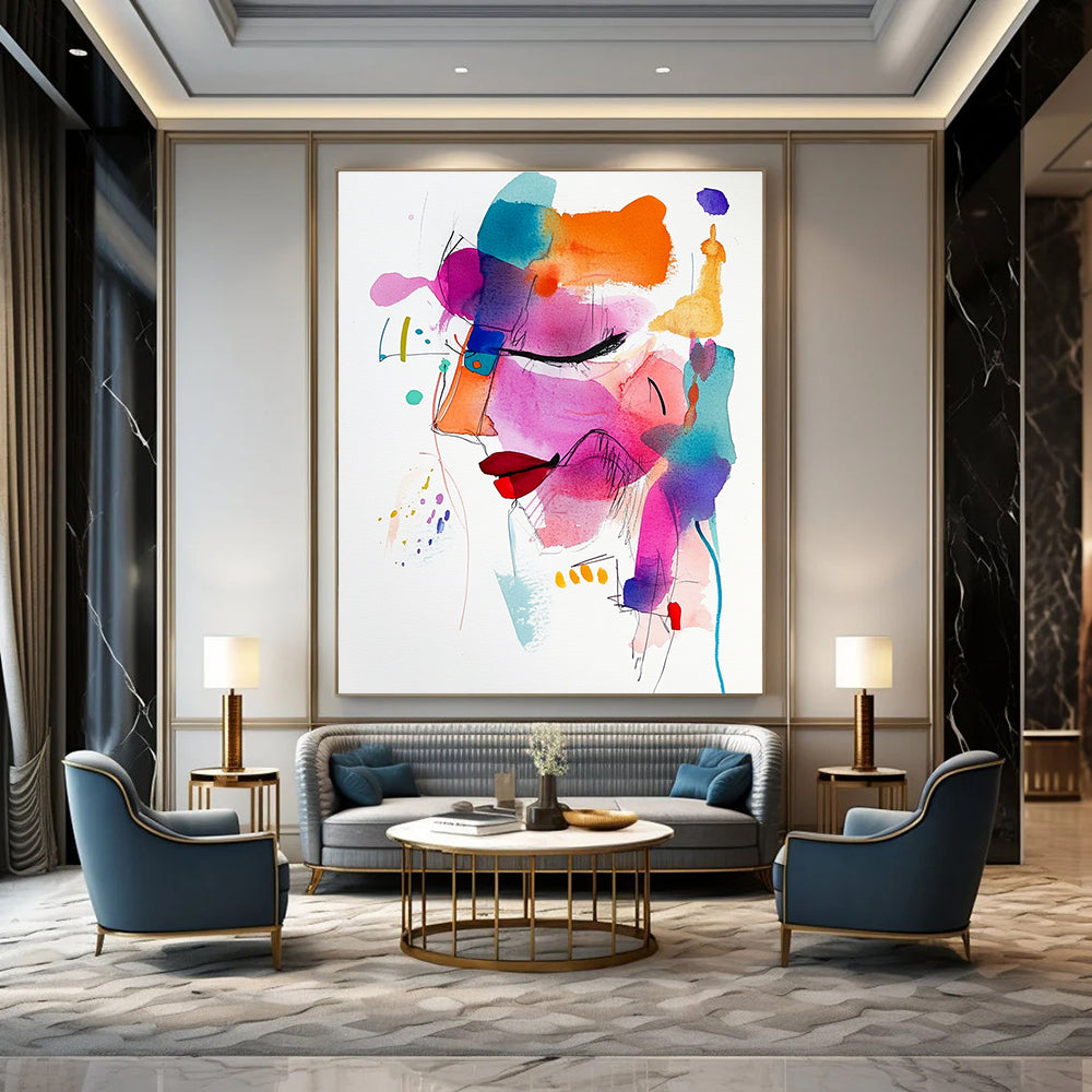 A large abstract painting featuring vibrant colors and loose brushstrokes, highlighting a whimsical face in a contemporary minimalist style.STSC1194