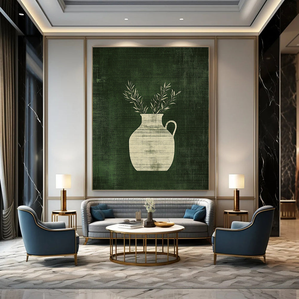 Abstract art featuring a minimalist antique jar with handles and olive branches against a textured green background, adding elegance and depth.STSC1084