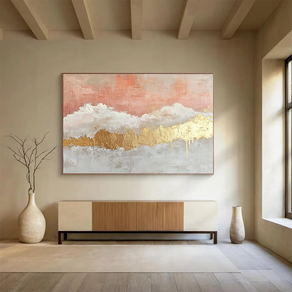 Large abstract painting featuring gold foil light pink and white clouds beige watercolor thin lines and gold leafing on canvas.SC236