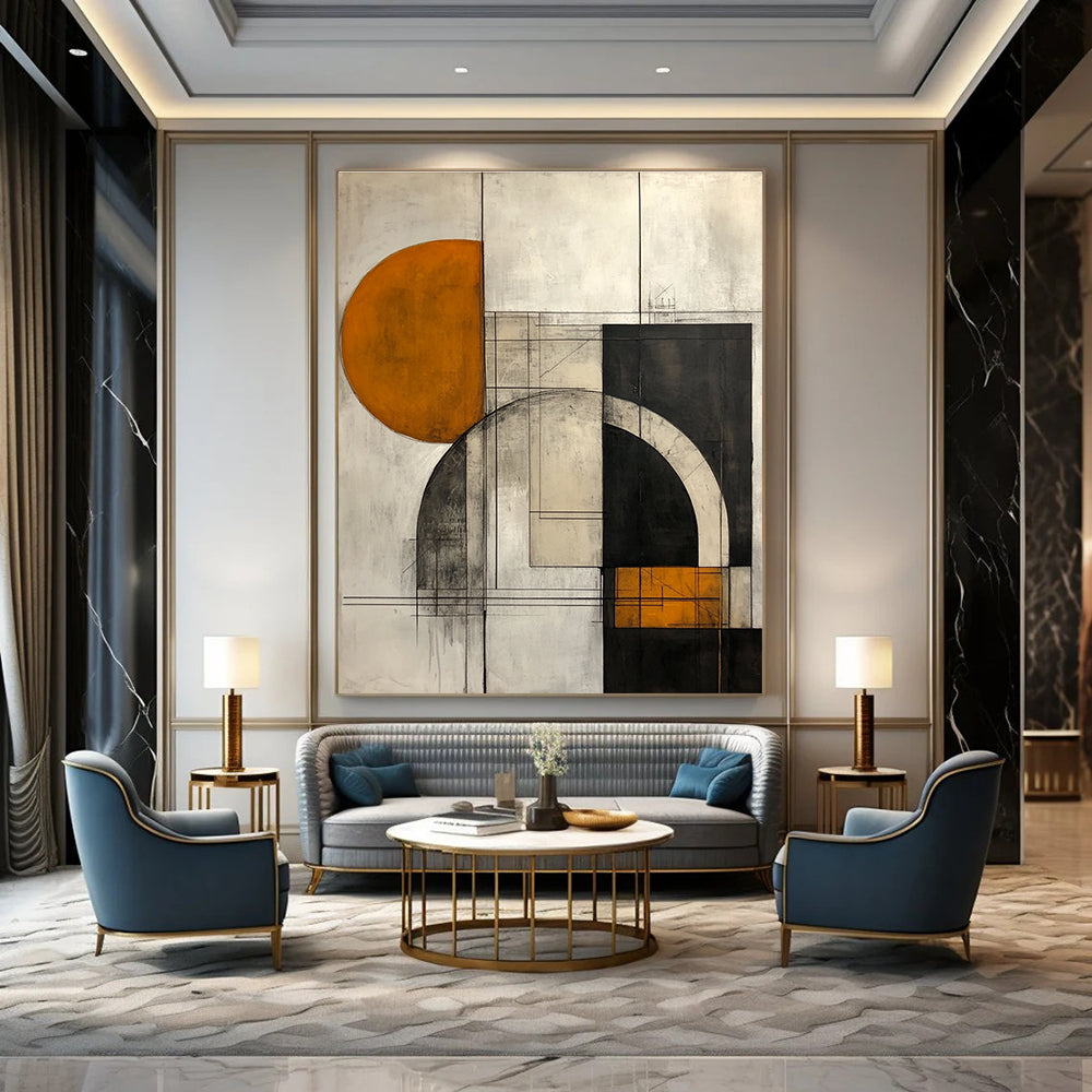 Large abstract painting featuring geometric shapes in gray mustard yellow and copper with architectural elements on a white background.STSC754