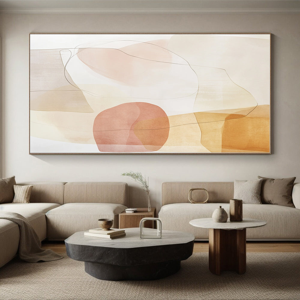 Soft - Toned Beige and Pink Abstract Painting with Delicate Lines GER260