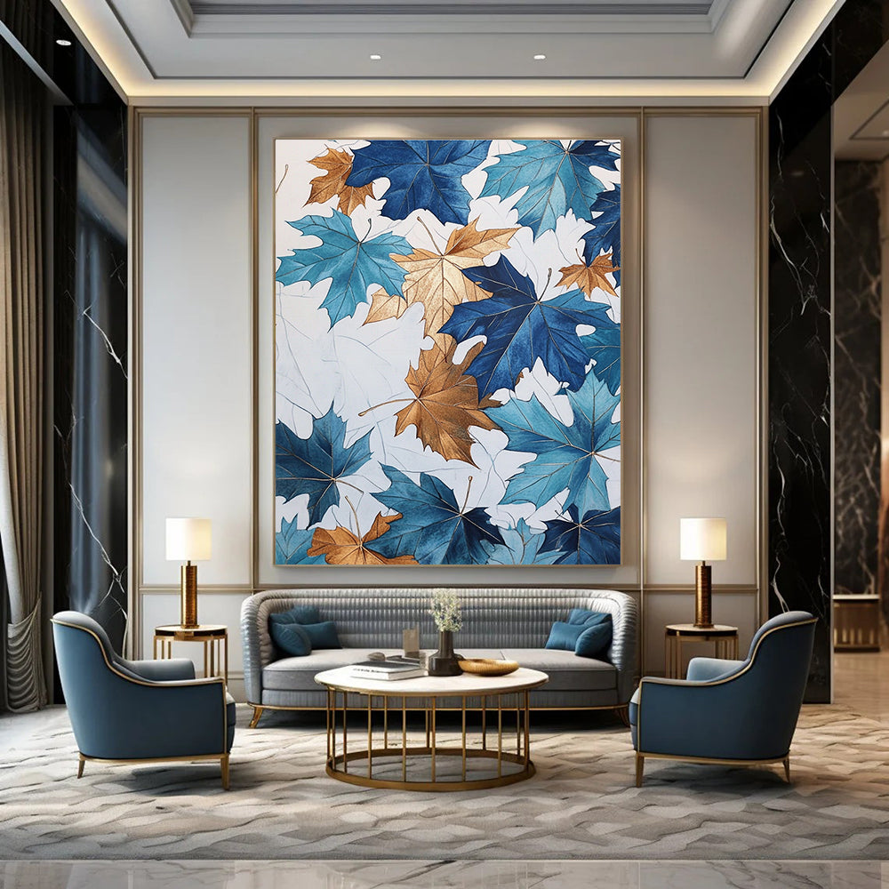 Large abstract painting of blue and gold maple leaves with metallic accents on a white background inspired by John Derric's style.STSC1154