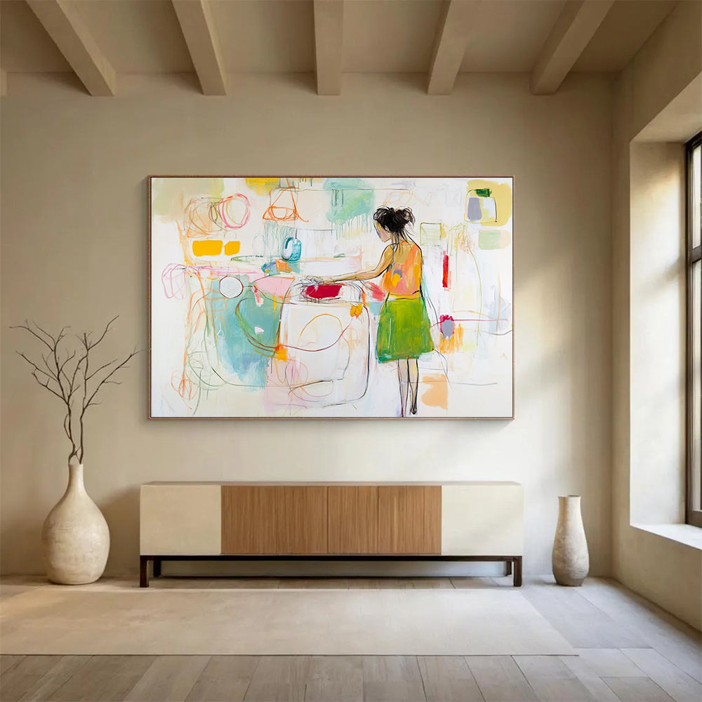 Large abstract painting of a woman doing laundry featuring loose gestural lines in white with vibrant yellow green red pink and blue accents.SC184