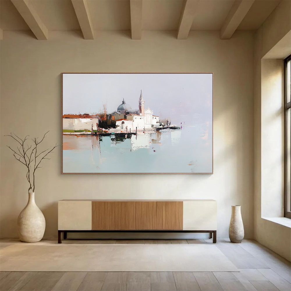 An abstract oil painting featuring a tranquil Venetian island with white buildings, showcasing minimal brush strokes and muted colors in a harmonious composition.SC410