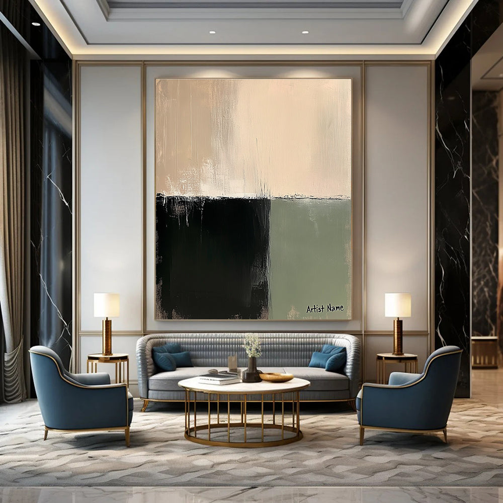 Large abstract painting in sage green and beige with soft brushstrokes creating a tranquil minimalist composition on linen.STSC1071