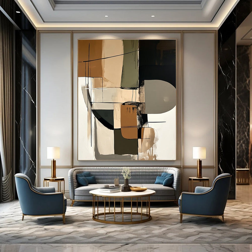 Large abstract painting featuring shapes in beige black and brown that adds sophistication to any space.STSC793