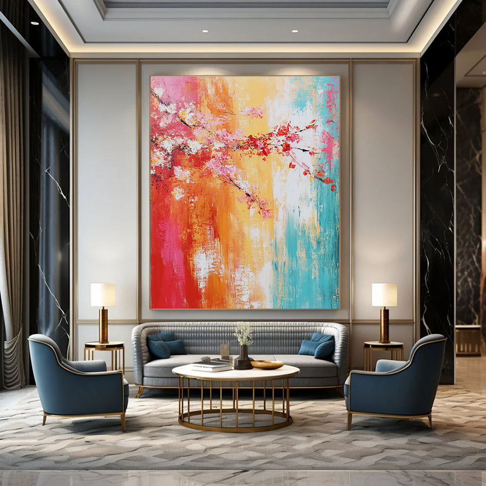 Large abstract painting on textured canvas showcasing vibrant warm colors and soft brush strokes for emotional expressionism.STSC373