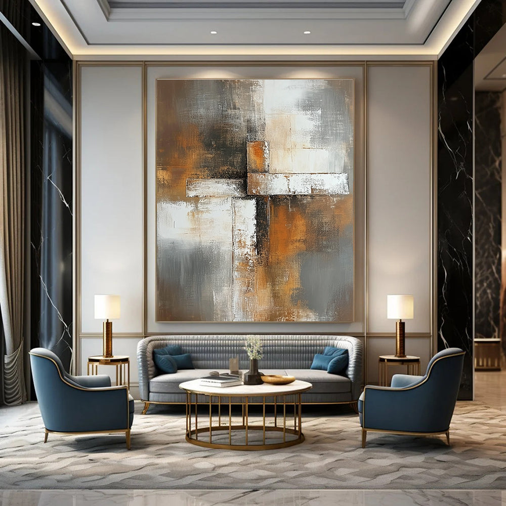 Abstrakt painting featuring soft gray brown and white tones with a blurred background and an elegant square cross in the foreground.STSC811