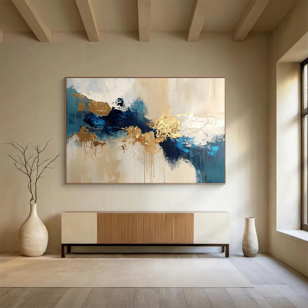 Blue Gold and Beige Abstract Painting with Dynamic Compositions DYP185
