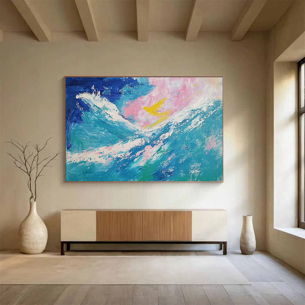 Sea and Bird Abstract Painting with Blue and Yellow Tones DYP522