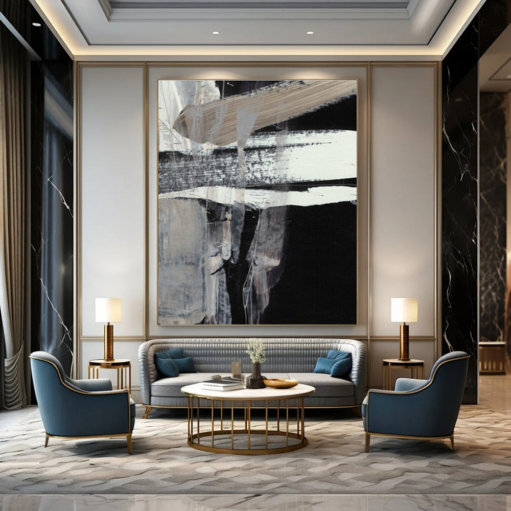 Black and White Abstract with Bold Brushstrokes Painting ADGE193