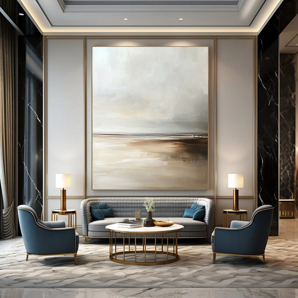 Large Abstract painting depicting a beach scene in muted tones with soft focus and an emphasis on enchanting light at the horizon.STSC018