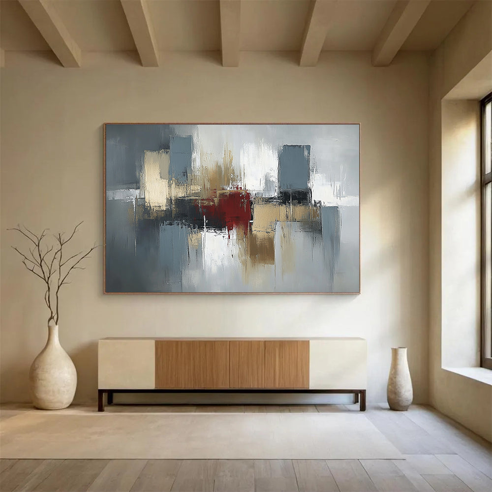Gray Gold and Red Abstract Painting with Urban Inspirations DYP403