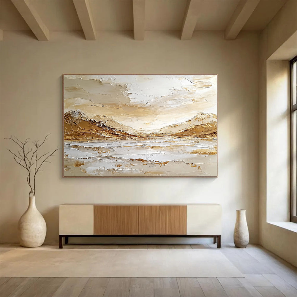 Large abstract painting depicting an Arctic landscape with mountains, sea waves, and sky in warm tones on textured canvas using impasto technique.SC621