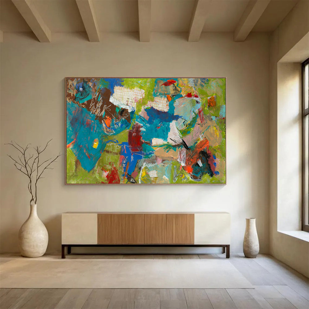 Bold Color Abstract Painting with Green, Blue, and Red Tones THY237