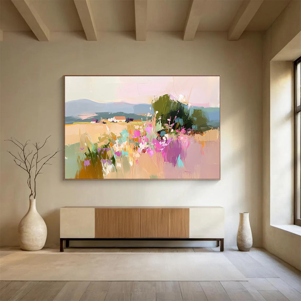 Colorful Rural Landscape Abstract Painting with Vivid Florals and Fields DYP263
