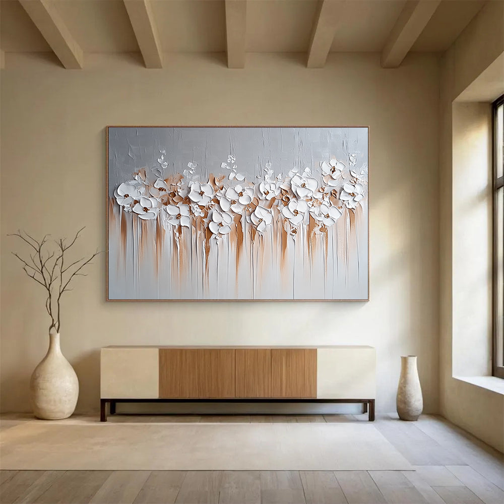 White Flowers with Brown Drips Abstract Painting in 3D Textures DYP452