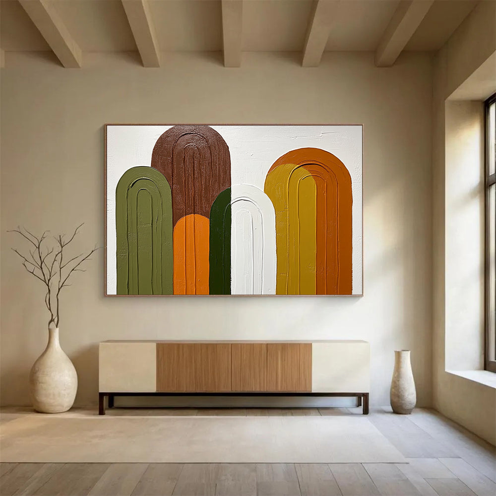 Large abstract painting featuring arches in shades of green brown and orange on a white background with simple colorful shapes.SC590