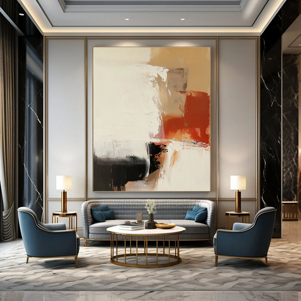 Large abstract painting features earthy tones and white space with thick brush strokes and a soft minimalistic aesthetic perfect for modern decor.STSC750