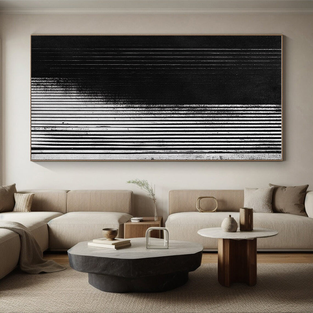 Black and White Vertical Lines Abstract Painting with Textured Surfaces GER013