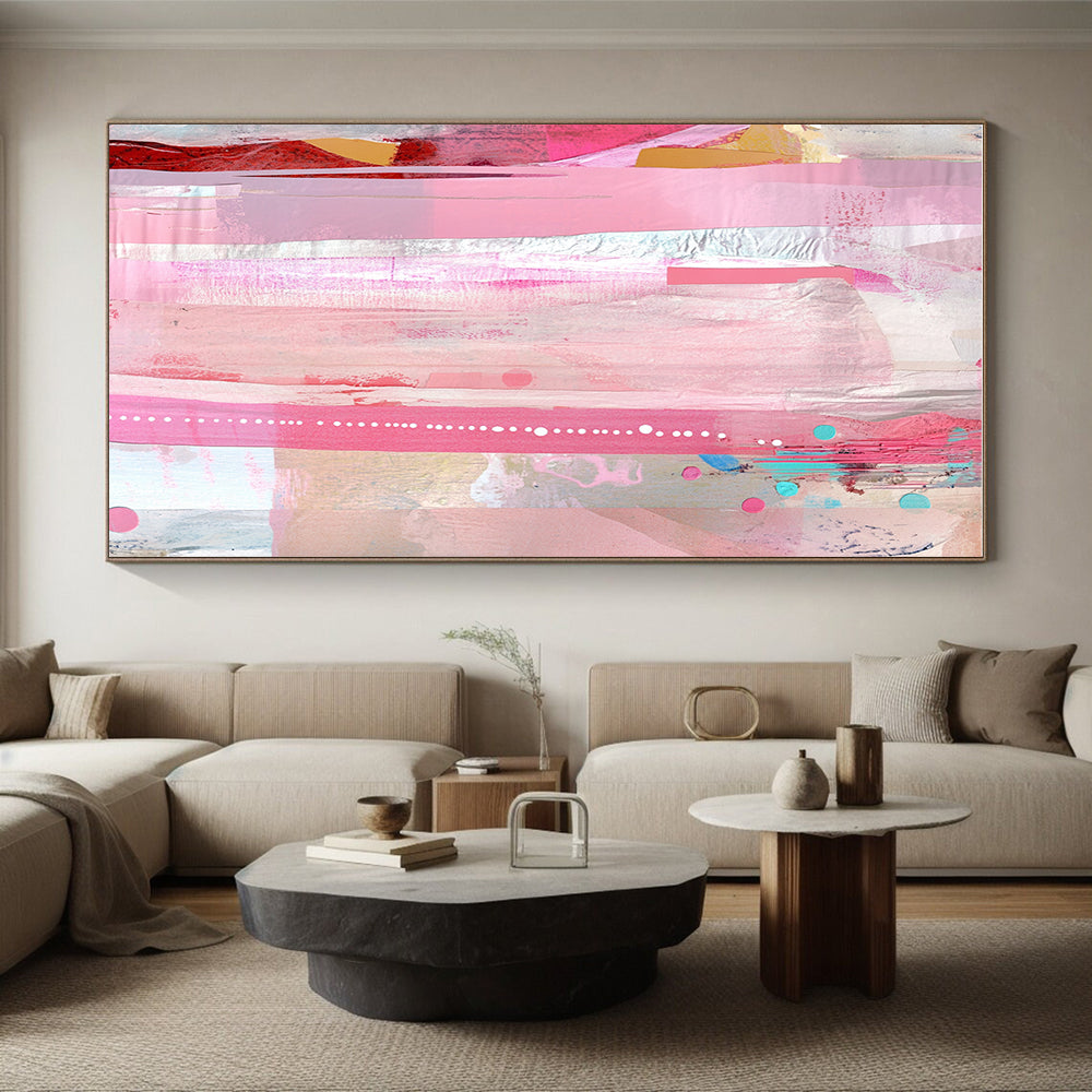 Pink and Colorful Abstract Painting with Vertical Stripes and Dots GER078