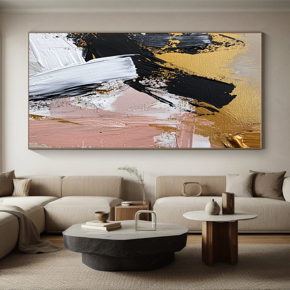 Gold Black Pink and White Abstract Painting with Bold Strokes GER056