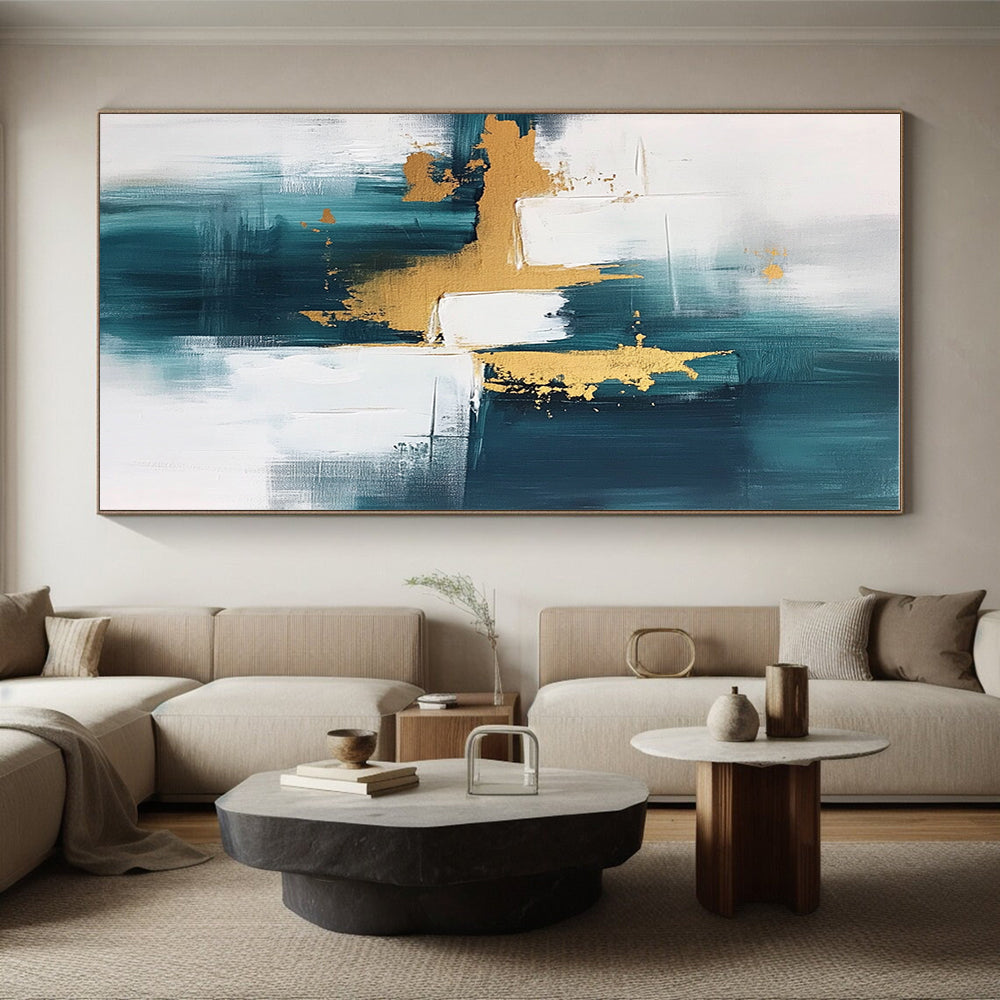 Teal Gold and White Abstract Painting with Modern Flair GER676