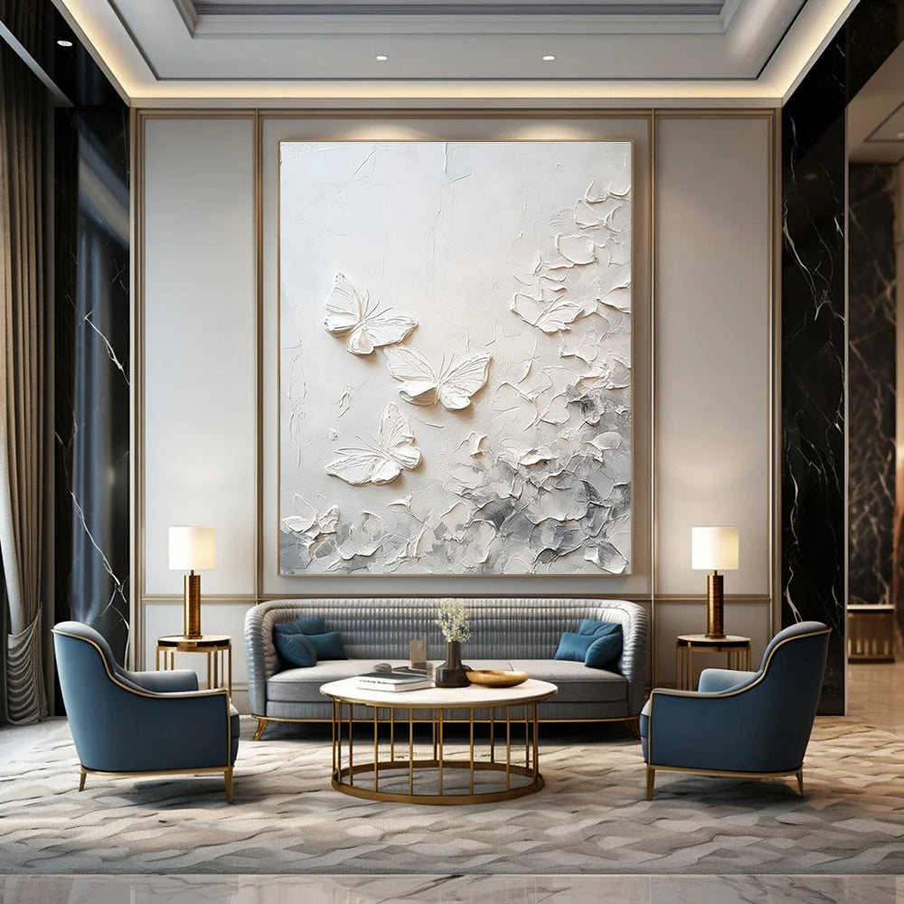 White Textured Butterflies Abstract Painting with Subtle Gray Tones ADGE448