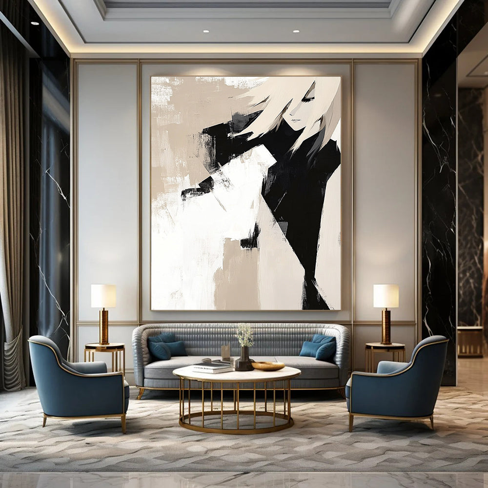 Large abstract painting featuring beige and black blocks on white background with textured layers and strong lines embodying minimalist elegance.STSC408