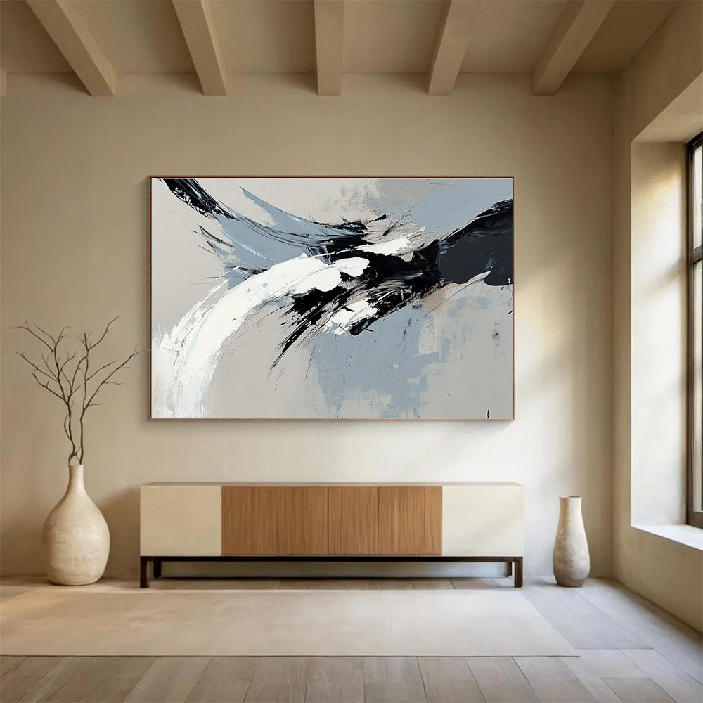 Black and White Abstract Painting with Dynamic Brushstrokes DYP387