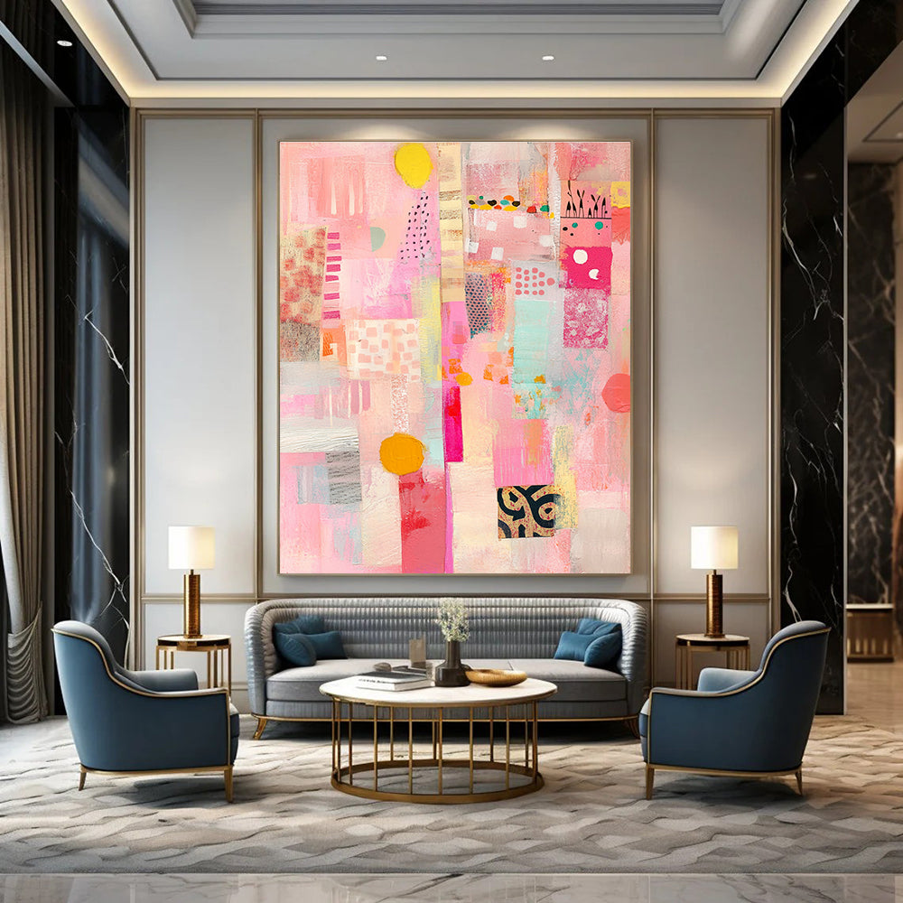 Large abstract collage artwork featuring pastel colors vintage shapes and textured layers for a unique mixed media experience.STSC1309