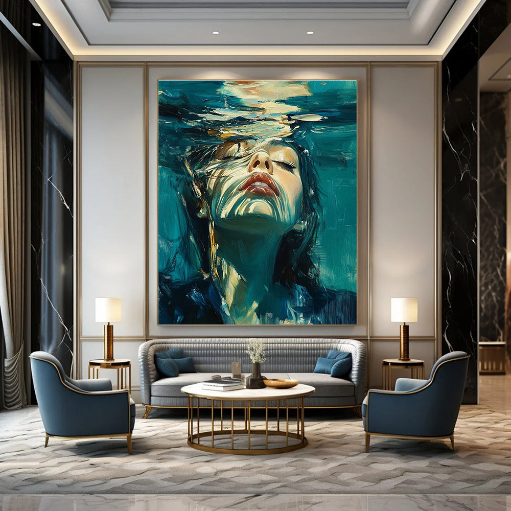 Abstract oil painting of a woman underwater with long hair wearing a dark blue suit with white details against a teal and turquoise background.STSC178
