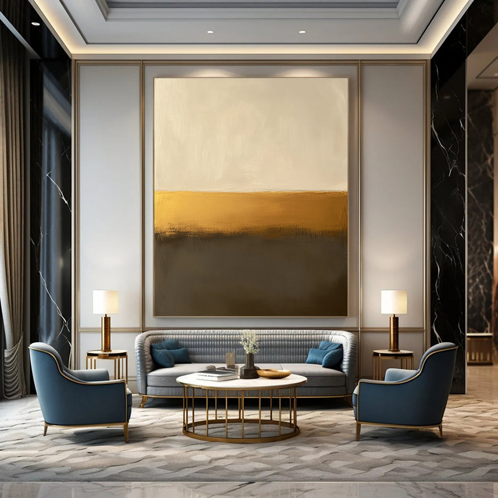 Large abstract painting in beige and gold, inspired by Mark Rothko's minimalist style, perfect for modern decor.STSC112