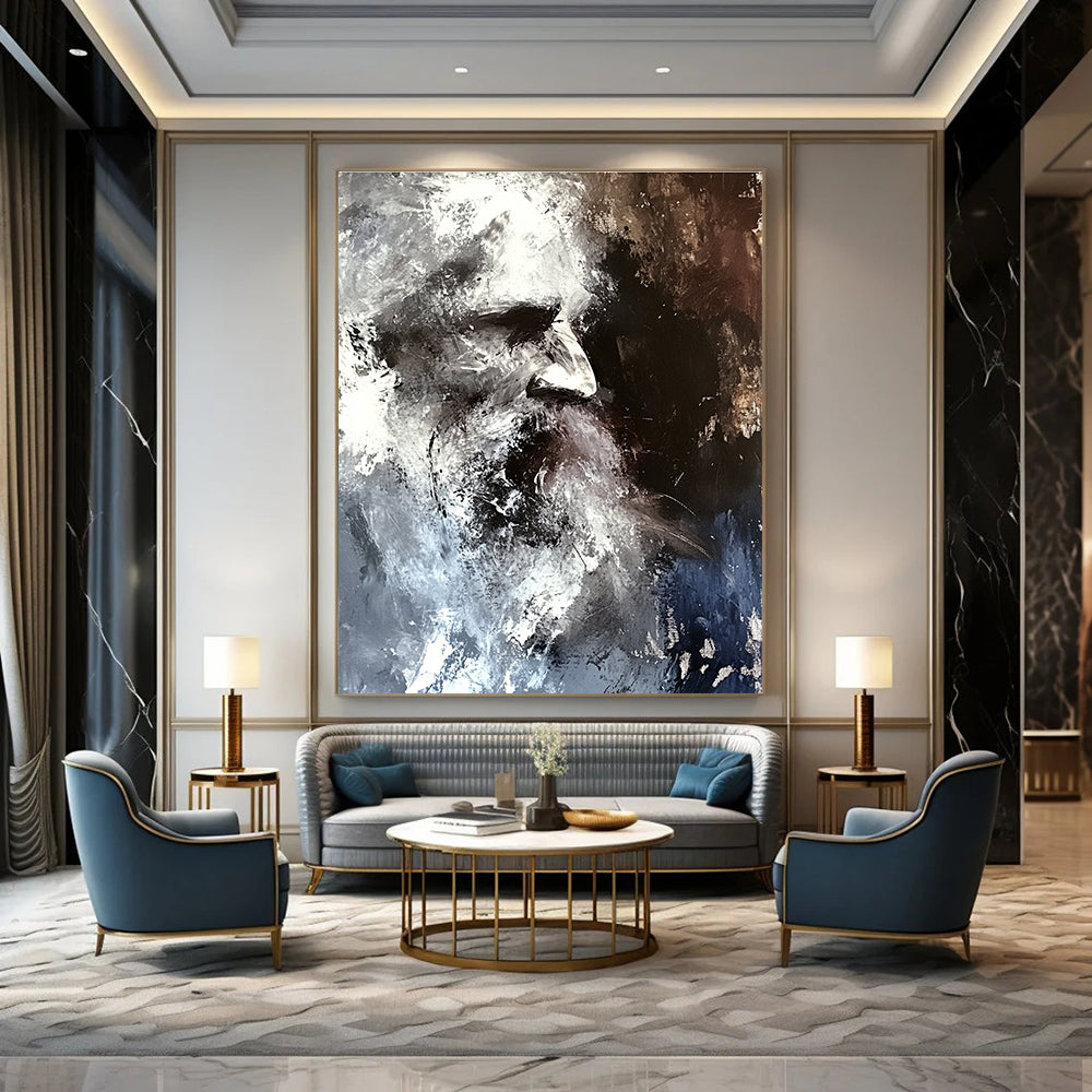 Large abstract painting in shades of grey and white featuring a blurred portrait of an old man with disheveled hair against a dark background.STSC229