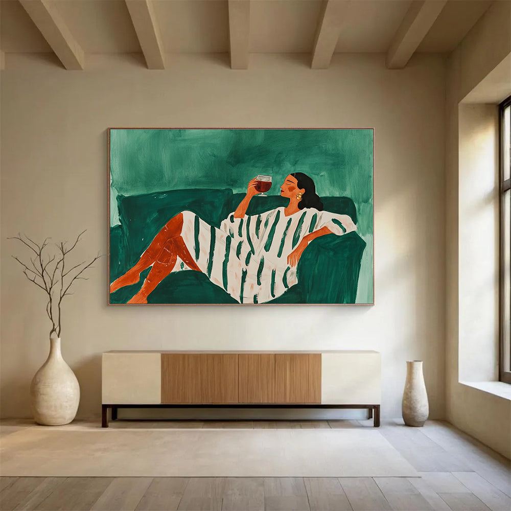 Relaxed Woman on Sofa Abstract Painting with Green and White Tones DYP582