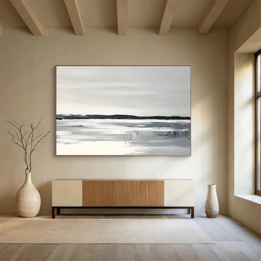 Abstract painting of an Arctic landscape with a white sky gray water and black land featuring thick brush strokes and a monochromatic color scheme.SC154